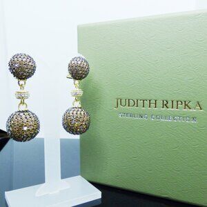 Judith Ripka Earrings 14K Yellow Gold-Clad Diamonique Drop Pave Double Ball